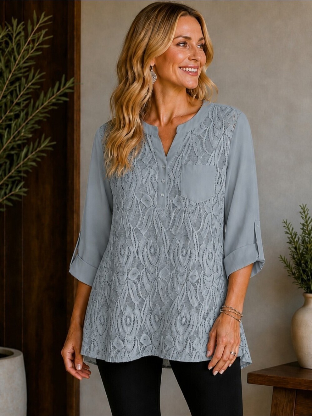 Gray Lace Boho Cottagecore Blouse Tunic